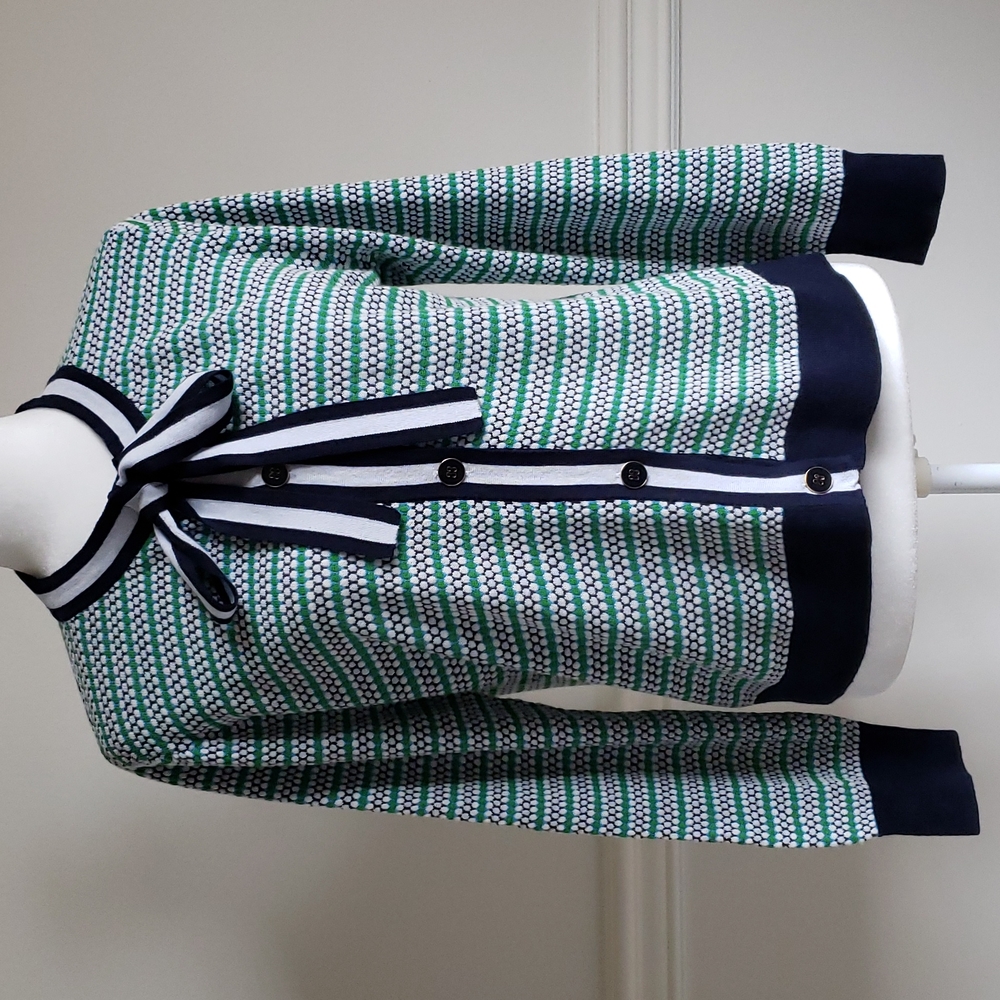 J. Crew Lady Tie Neck Cardigan, Navy Blue & Green, Medium